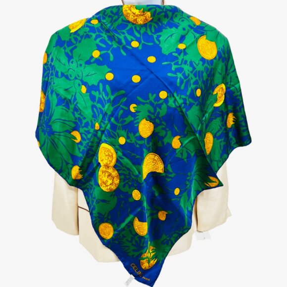 Vgt  Celine Paris 100% Silk Scarf Satin 34"  Green Blue Purple Floral Gold   (38 - Picture 1 of 12